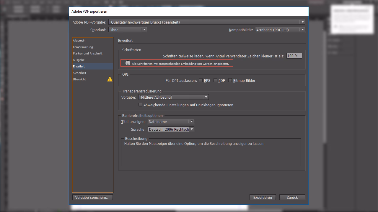 Wie bette ich eine Schriftart vollständig in eine PDF-Datei ein?
