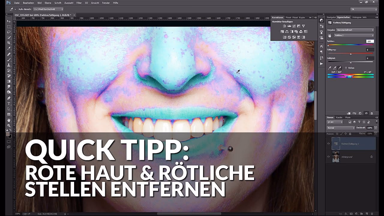 Wie kann man die Haut in Photoshop weniger rosa machen?